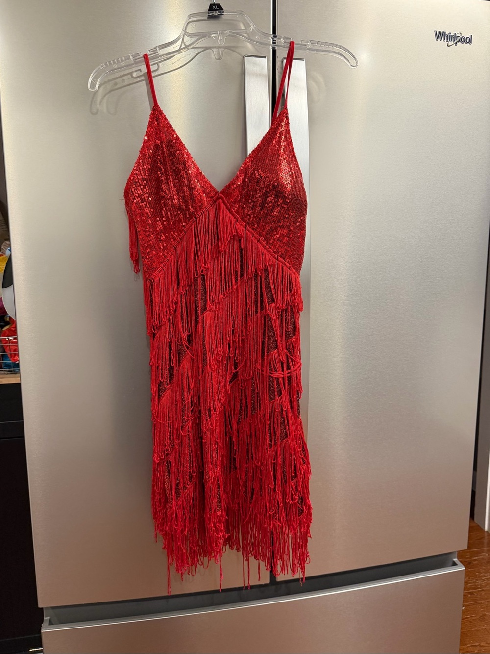 Flapper girl costume. Red sequined top. Halloween